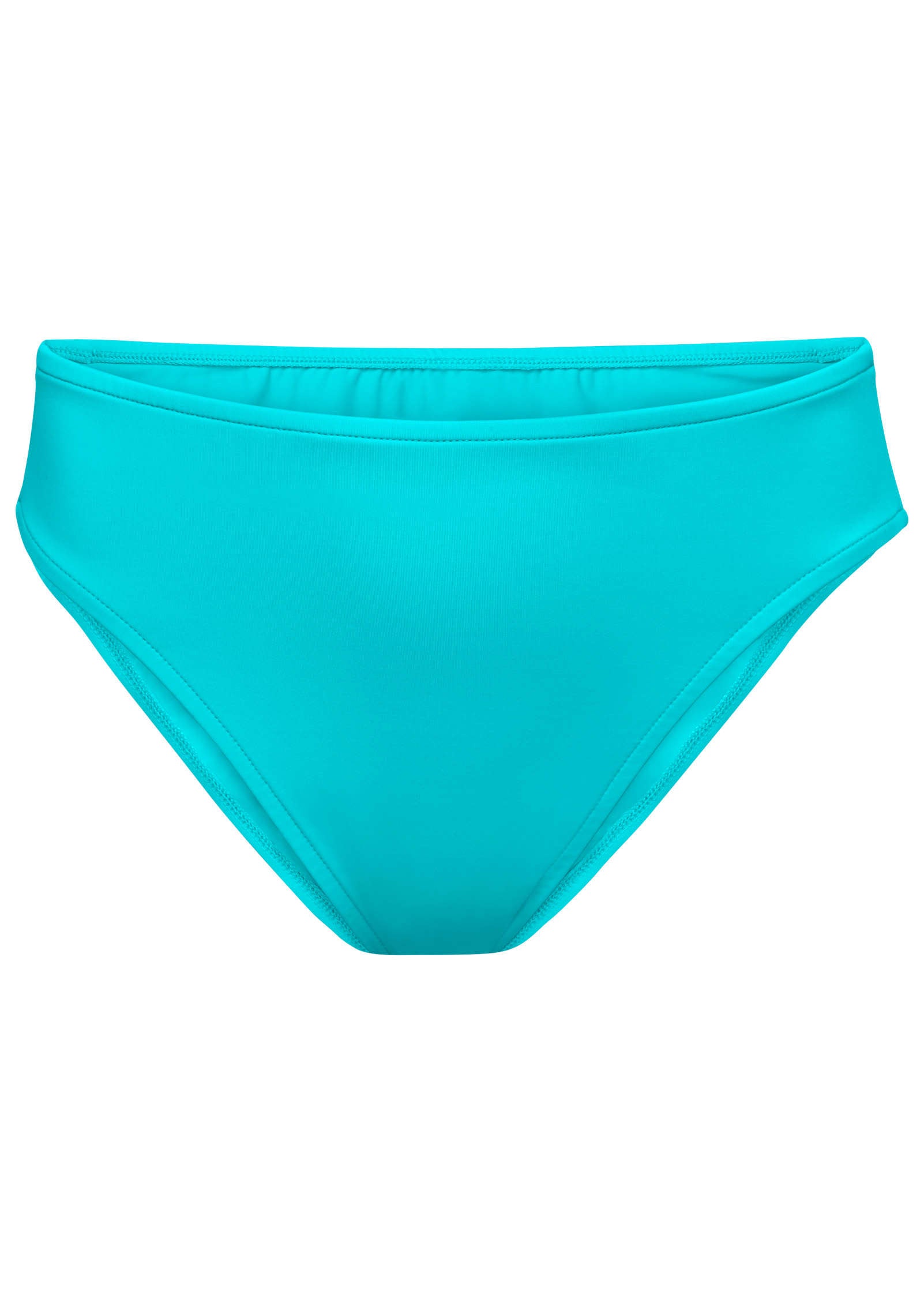 Women's mid-rise bikini bottom in aqua teal, plain front flat lay