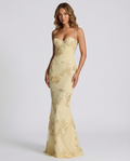 Floral evening dress in lemon yellow with spaghetti straps and fitted mermaid silhouette