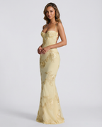Lemon yellow floral evening dress with corset-style bodice and slim mermaid skirt