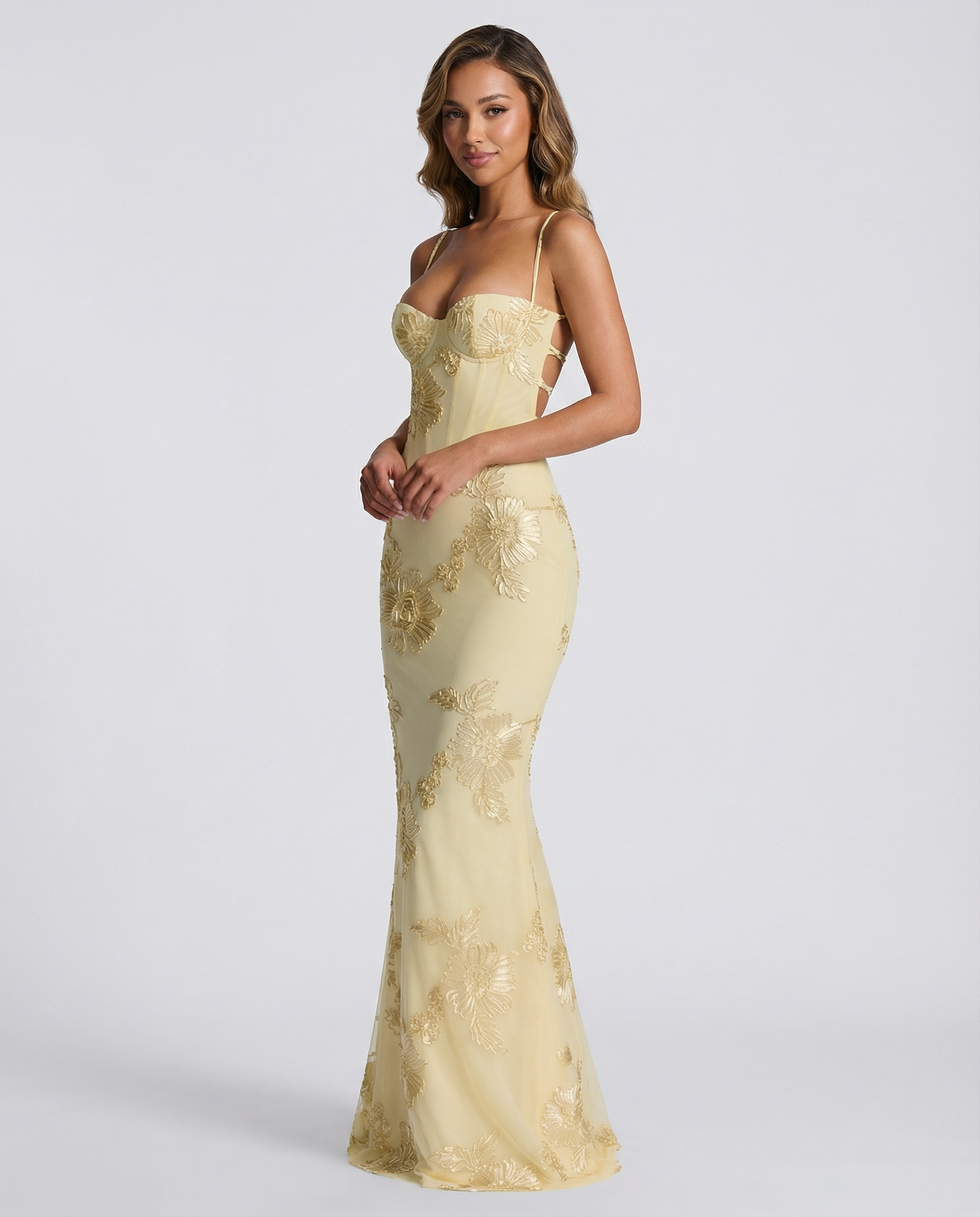 Lemon yellow floral evening dress with corset-style bodice and slim mermaid skirt