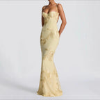 Lemon yellow floral evening dress with sweetheart neckline and fitted mermaid hem