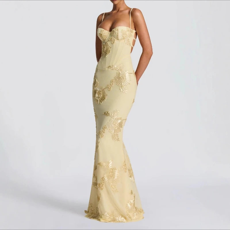 Lemon yellow floral evening dress with sweetheart neckline and fitted mermaid hem
