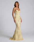 Lemon yellow floral evening dress with lace applique pattern and thin shoulder straps