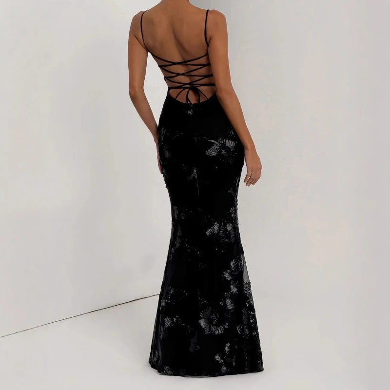Backless black floral evening dress with crisscross straps on open back