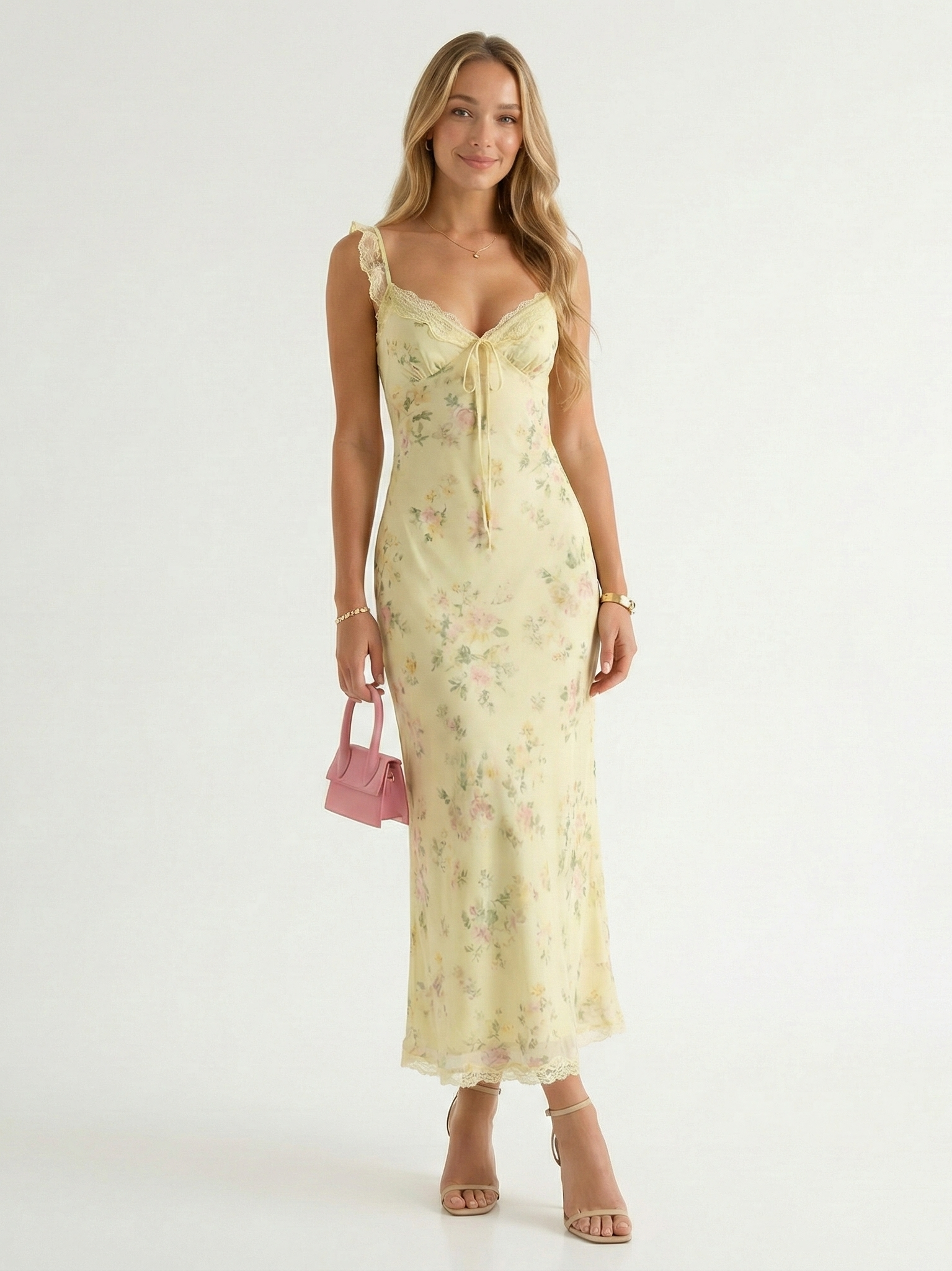 Yellow floral midi sundress with V-neck and spaghetti straps, backless style