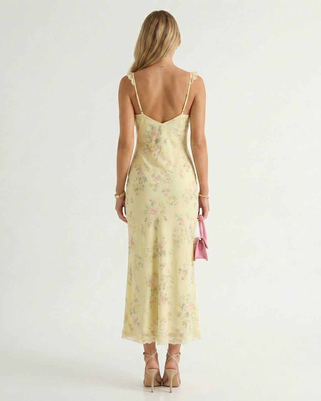 Yellow floral midi sundress, open back with spaghetti straps and fitted bodice