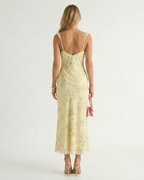 Yellow floral midi sundress, open back with spaghetti straps and fitted bodice