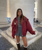 Red oversized zip bomber jacket with front zip and relaxed fit sleeves
