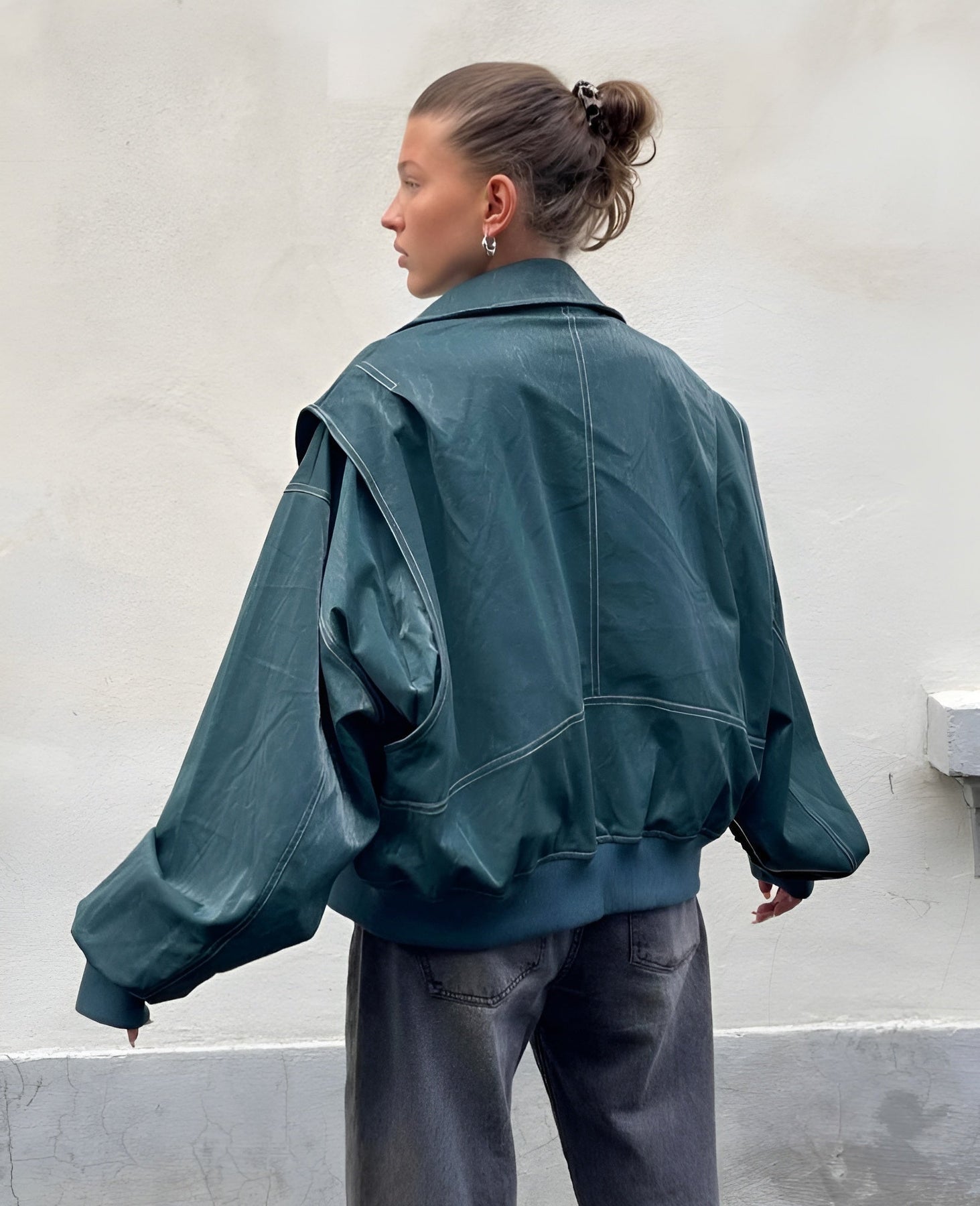 Teal oversized zip bomber jacket with side pockets and ribbed waistband
