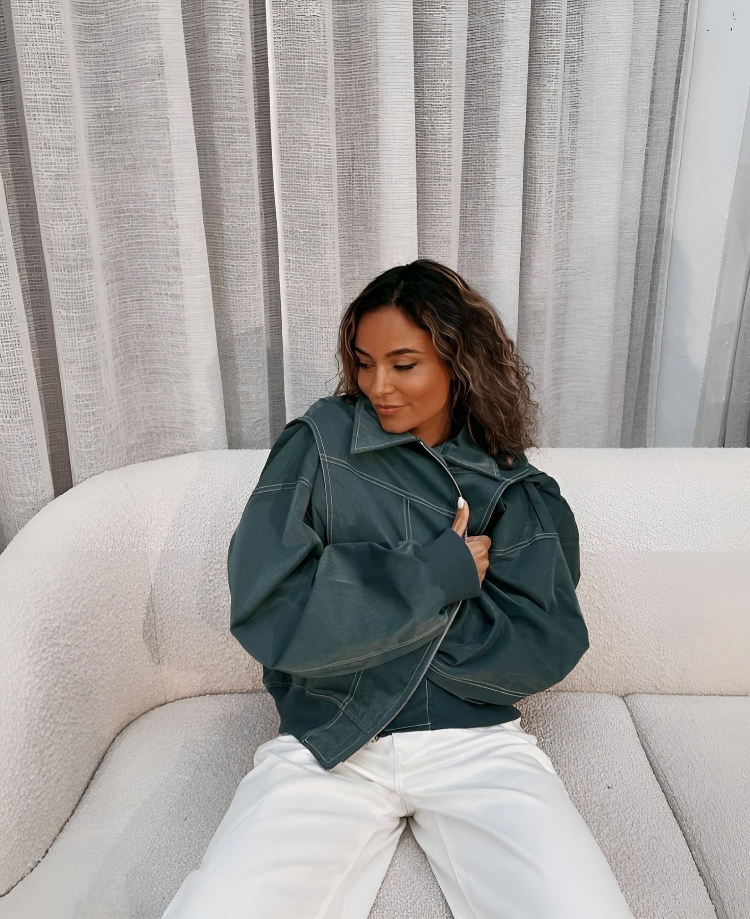 Teal oversized zip bomber jacket with zip front, dropped shoulders, ribbed cuffs