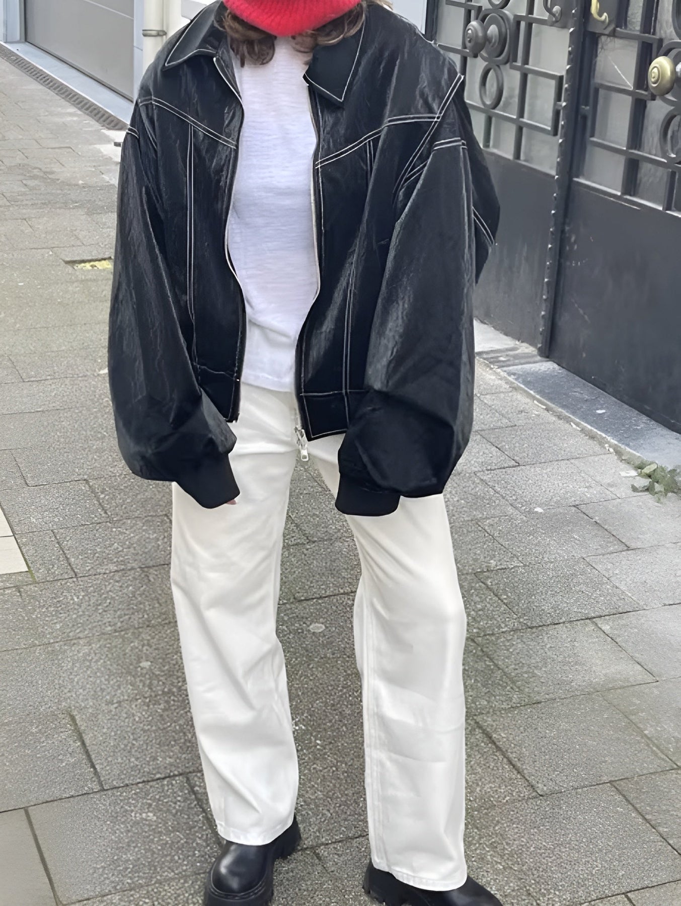 Black oversized zip bomber jacket with front zip and relaxed boxy fit