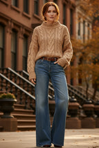 Retro wide-leg jeans, light blue washed denim with button and belt loops