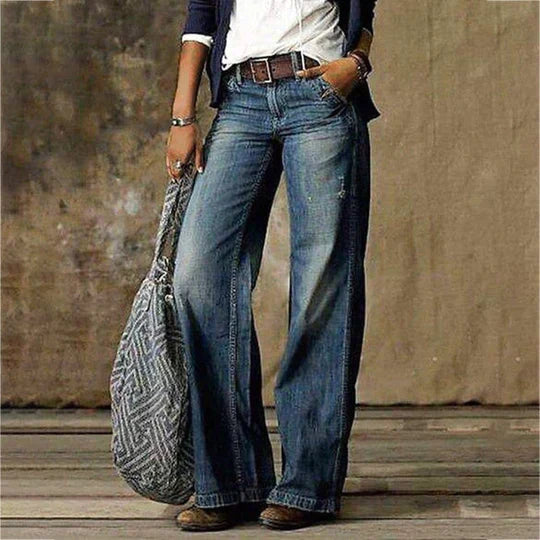 Retro wide-leg jeans, light blue washed denim, wide straight legs and belt loops