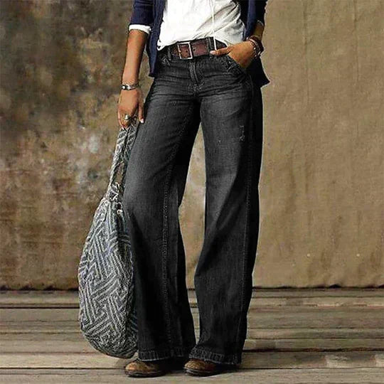 Retro wide-leg jeans, dark washed black denim with button closure and belt loops