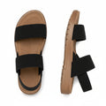 Women's stretch comfort sandals, black straps with tan cushioned soles