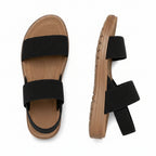 Women's stretch comfort sandals, black straps with tan cushioned soles
