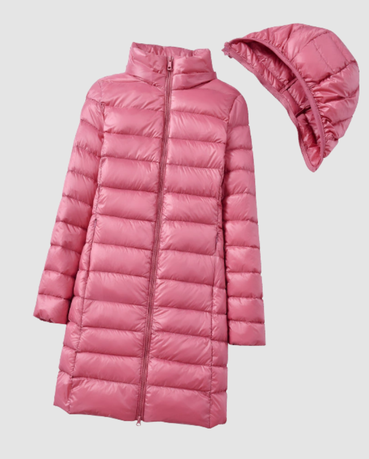 Women’s ultra-light down jacket with hood, pink, full-zip longline puffer and hood detail