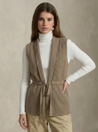 Camel merino wool belted sweater vest with V-neck and waist tie, front buttonless design.