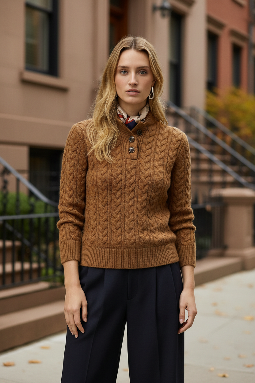 Brown cable-knit cashmere button-up sweater with ribbed cuffs and collar placket.