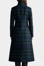 Sesi plaid long coat in dark green and black, button front, stand collar, back view