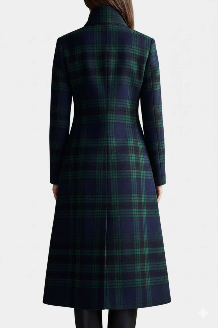 Sesi plaid long coat in dark green and black, button front, stand collar, back view