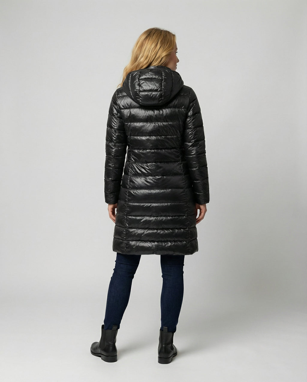 Women’s ultra-light down jacket with hood, black, back view, full-zip longline