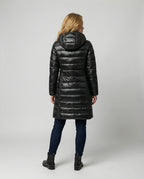 Women’s ultra-light down jacket with hood, black, back view, full-zip longline