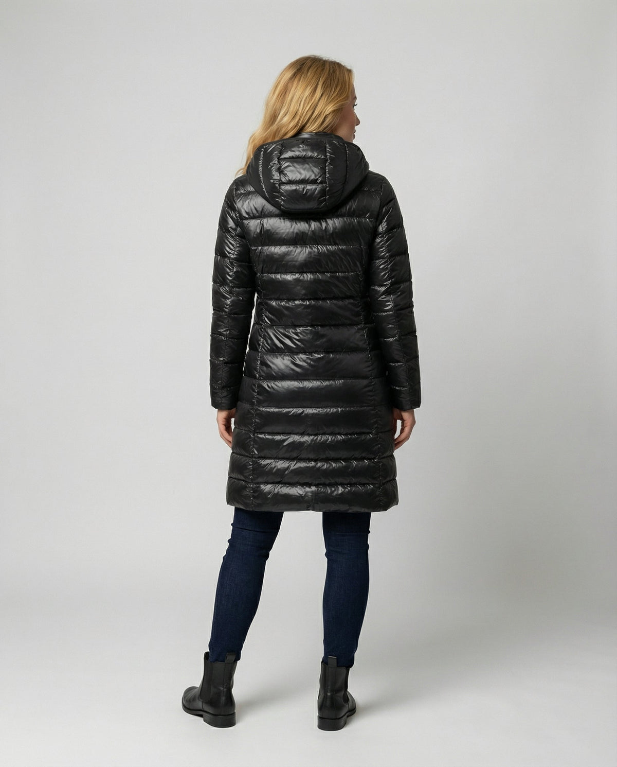 Women’s ultra-light down jacket with hood, black, back view, full-zip longline