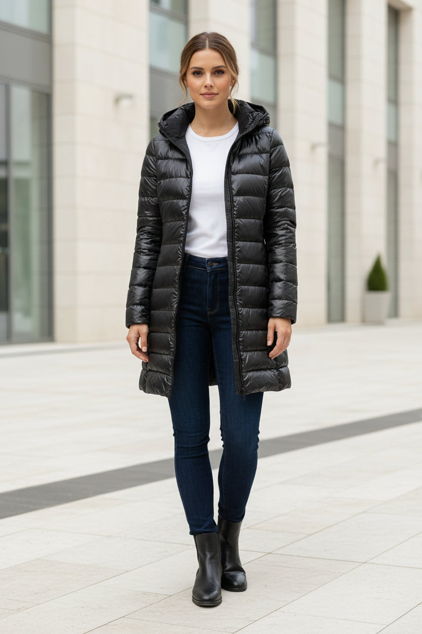 Women’s ultra-light down jacket with hood, black, full-zip front and side pockets