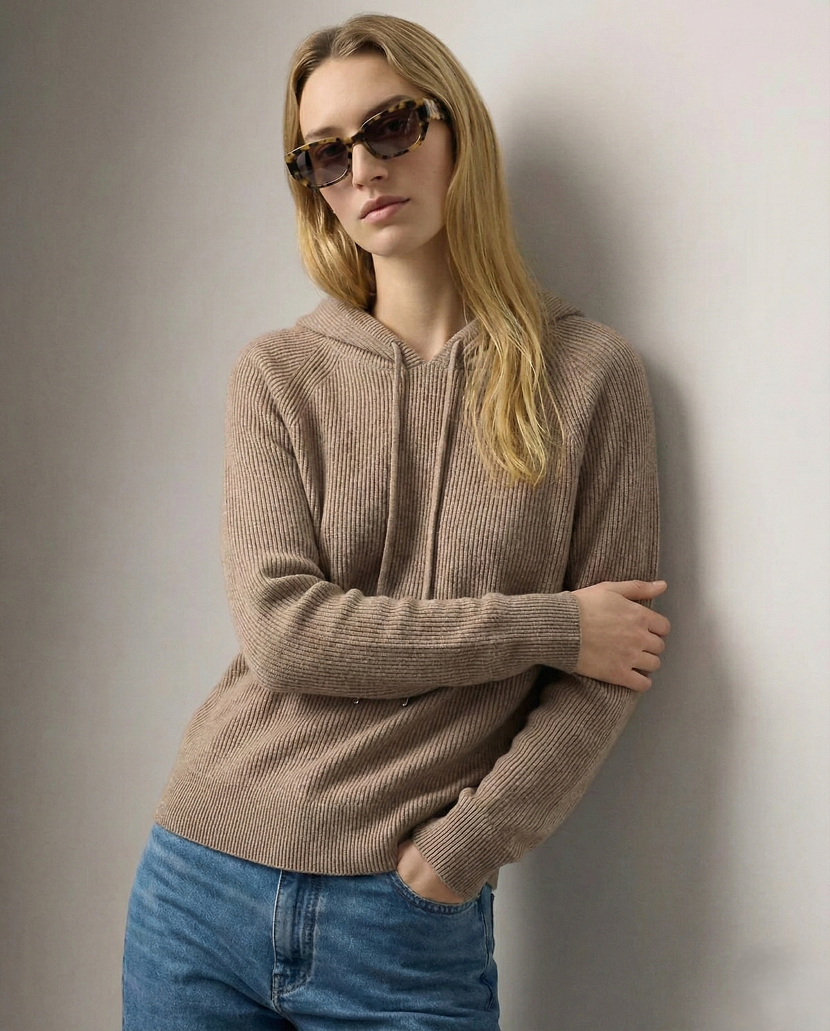 Women's knit hoodie in taupe-brown with drawstring hood and front pocket