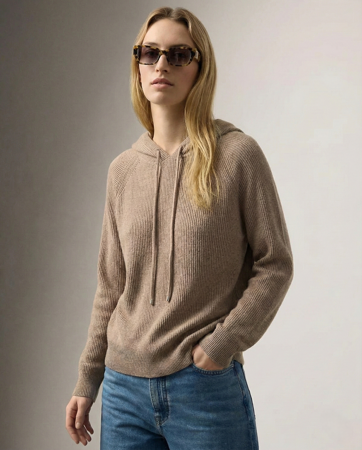 Women’s zip-front hoodie with hood, ribbed knit, taupe