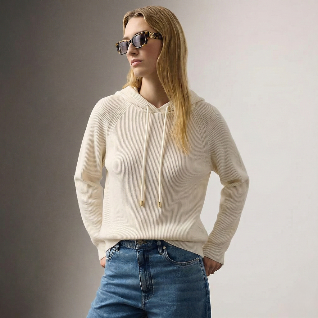 Women’s zip-front hoodie with hood, ribbed knit, cream color