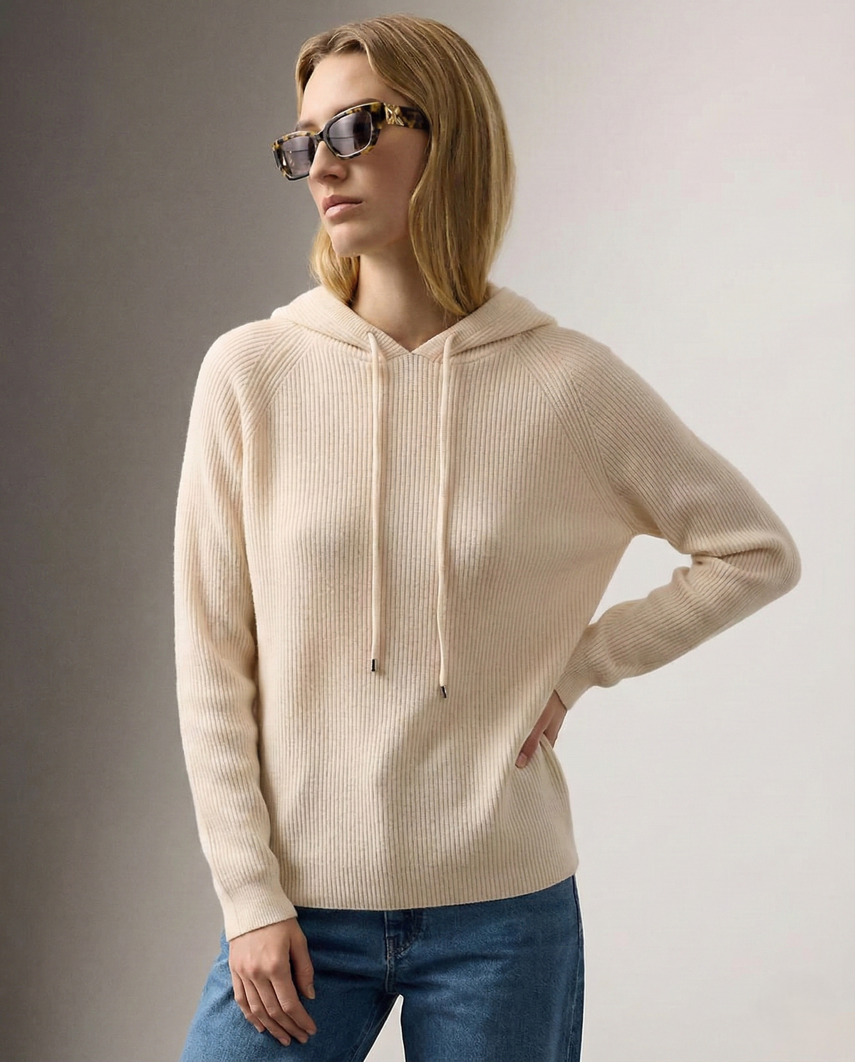 Women’s zip-front hoodie with hood, ribbed knit, light beige