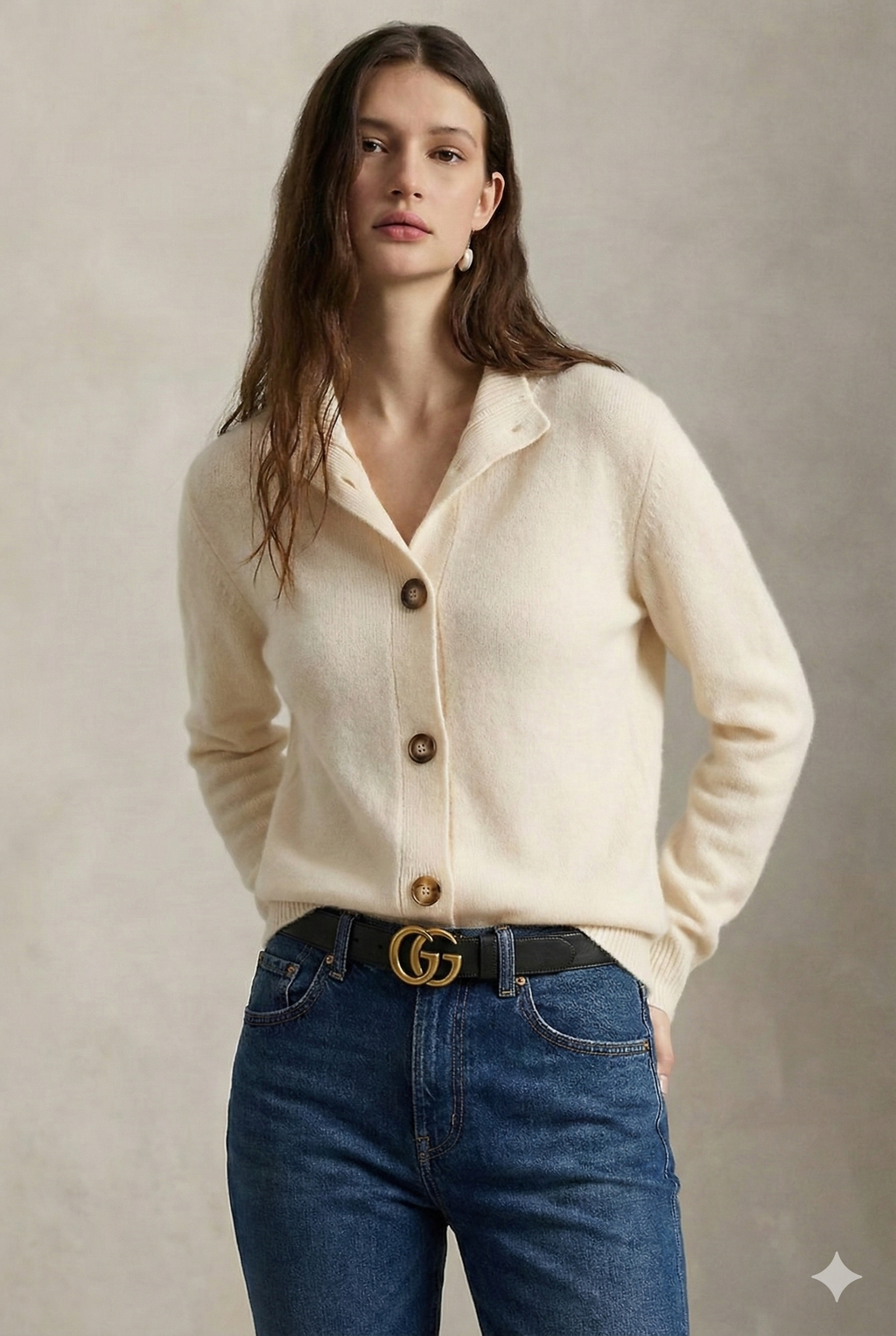 Ivory merino wool blend button cardigan sweater with three-button front