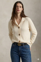 Ivory merino wool blend button cardigan sweater with three-button front
