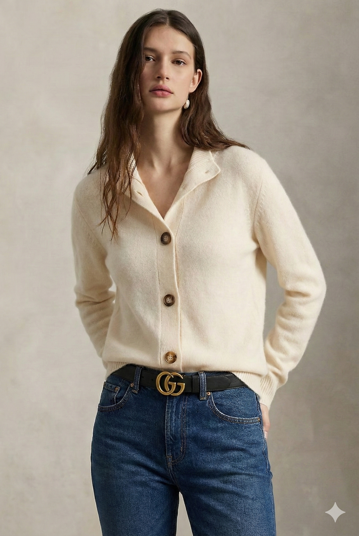 Ivory merino wool blend button cardigan sweater with three-button front