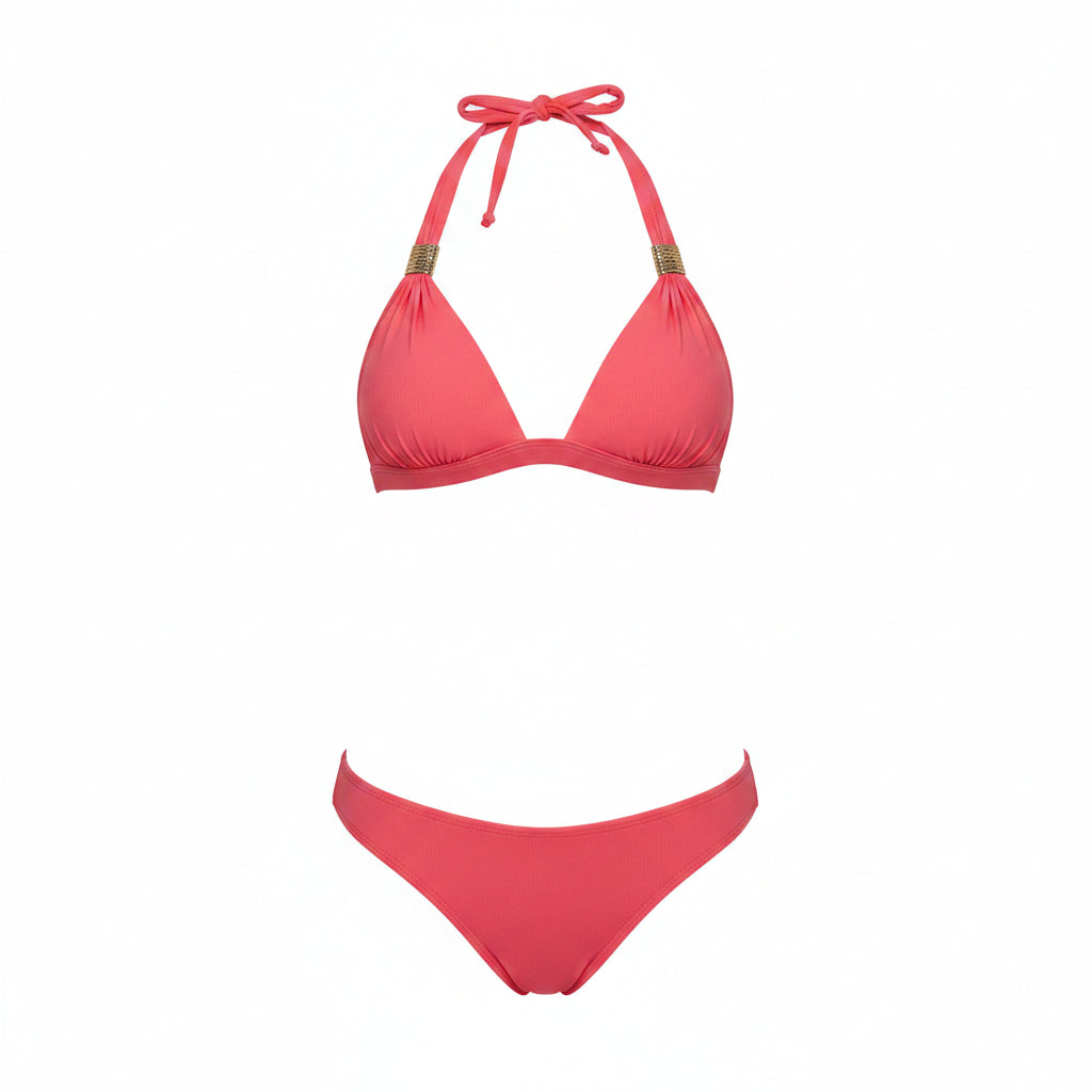 Women's halter push-up bikini top, bright pink triangle cups with halter straps