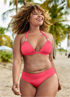 Women's halter push-up bikini top, bright pink gathered triangle cups with halter ties