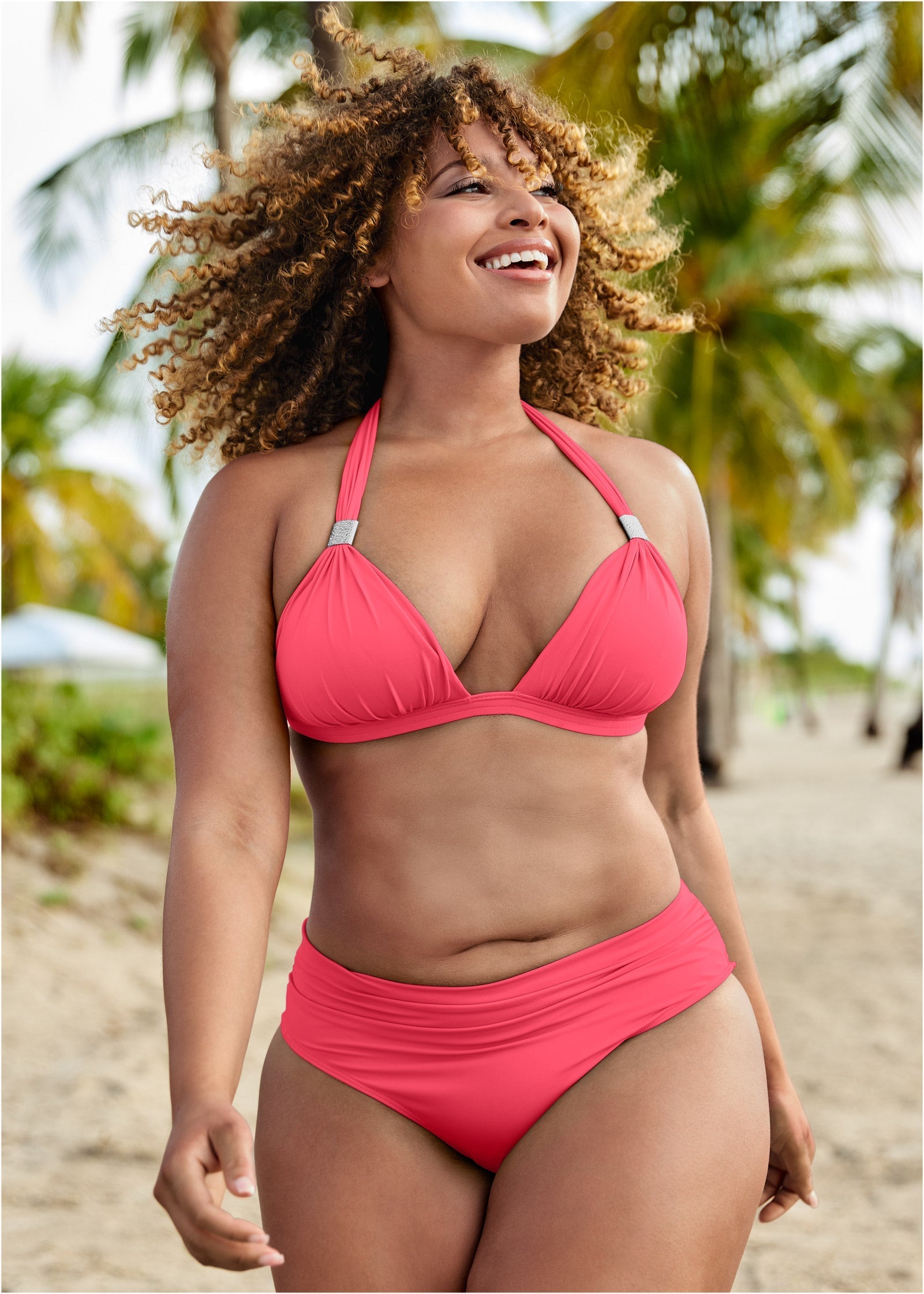 Women's halter push-up bikini top, bright pink gathered triangle cups with halter ties