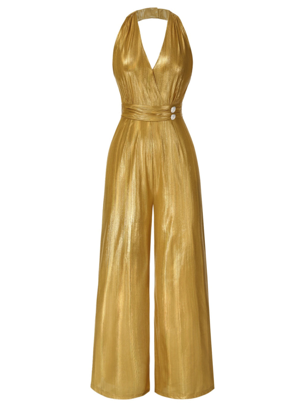 Gold halter V-neck jumpsuit with fitted waist and wide straight-leg pants