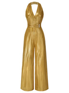 Gold halter V-neck jumpsuit with fitted waist and wide straight-leg pants