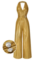 Gold halter V-neck jumpsuit with button detail at waist and wide straight legs