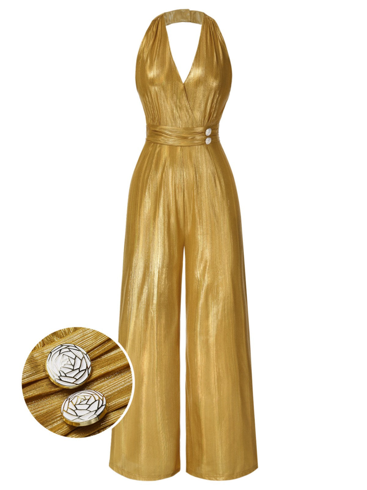 Gold halter V-neck jumpsuit with button detail at waist and wide straight legs