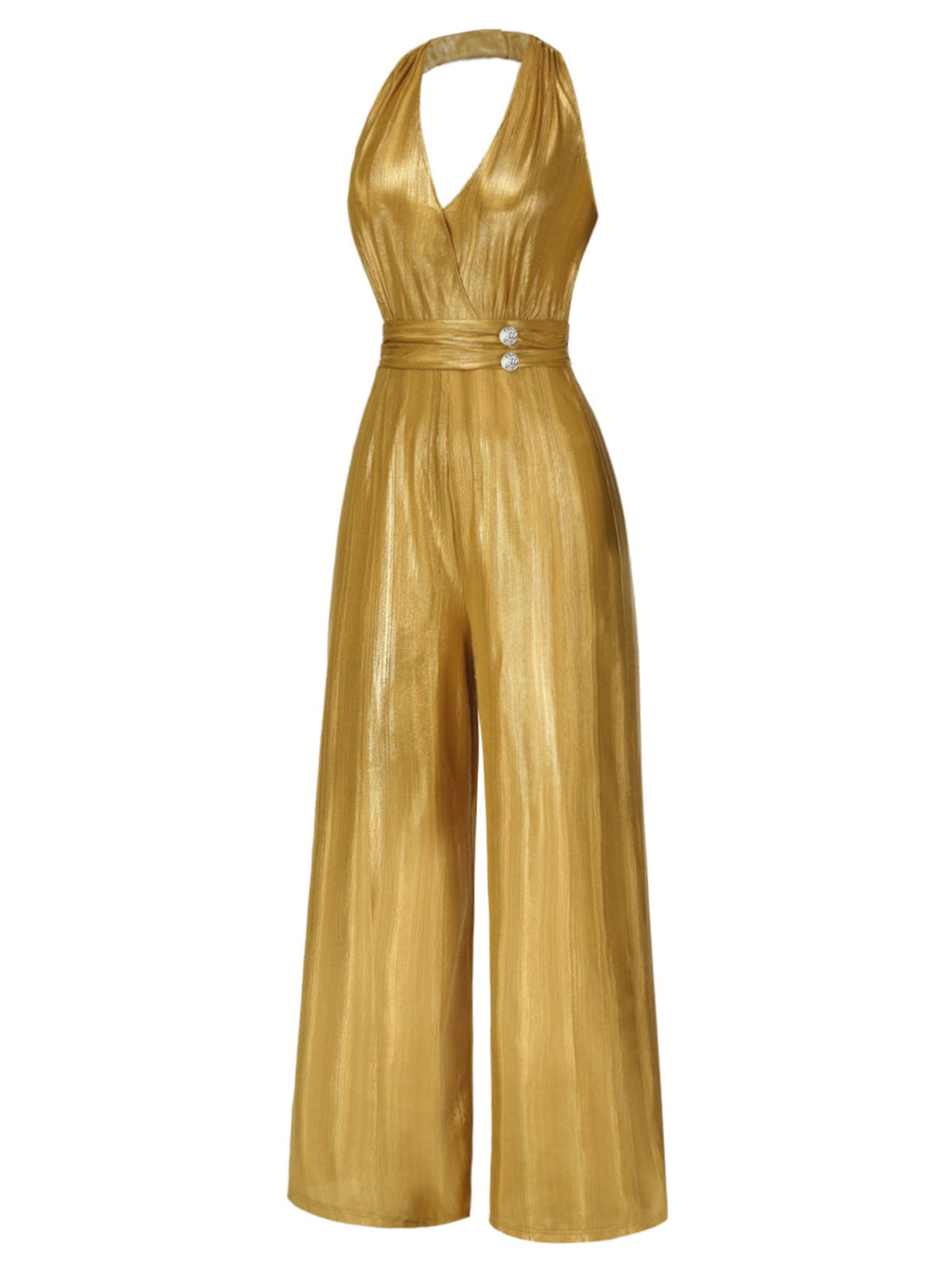 Gold halter V-neck jumpsuit with fitted waist and flowing wide pant legs