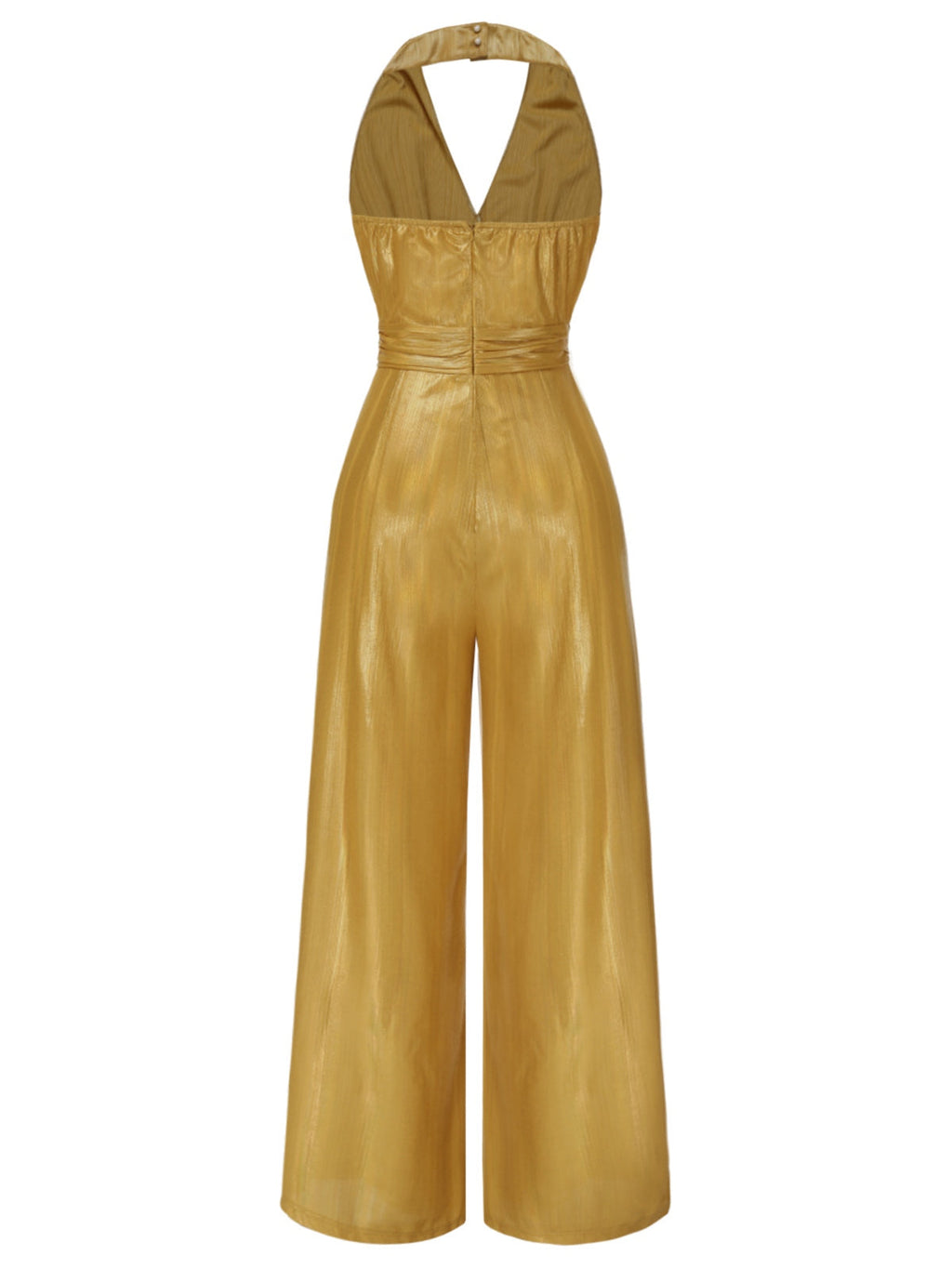 Gold halter V-neck jumpsuit with fitted midsection and wide straight-leg silhouette