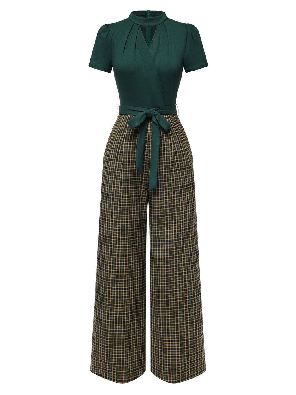 Green belted plaid wide-leg jumpsuit with short sleeves and keyhole neckline