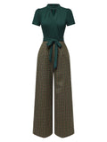 Green belted plaid wide-leg jumpsuit with short sleeves and keyhole neckline