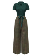 Green belted plaid wide-leg jumpsuit with short sleeves and keyhole neckline