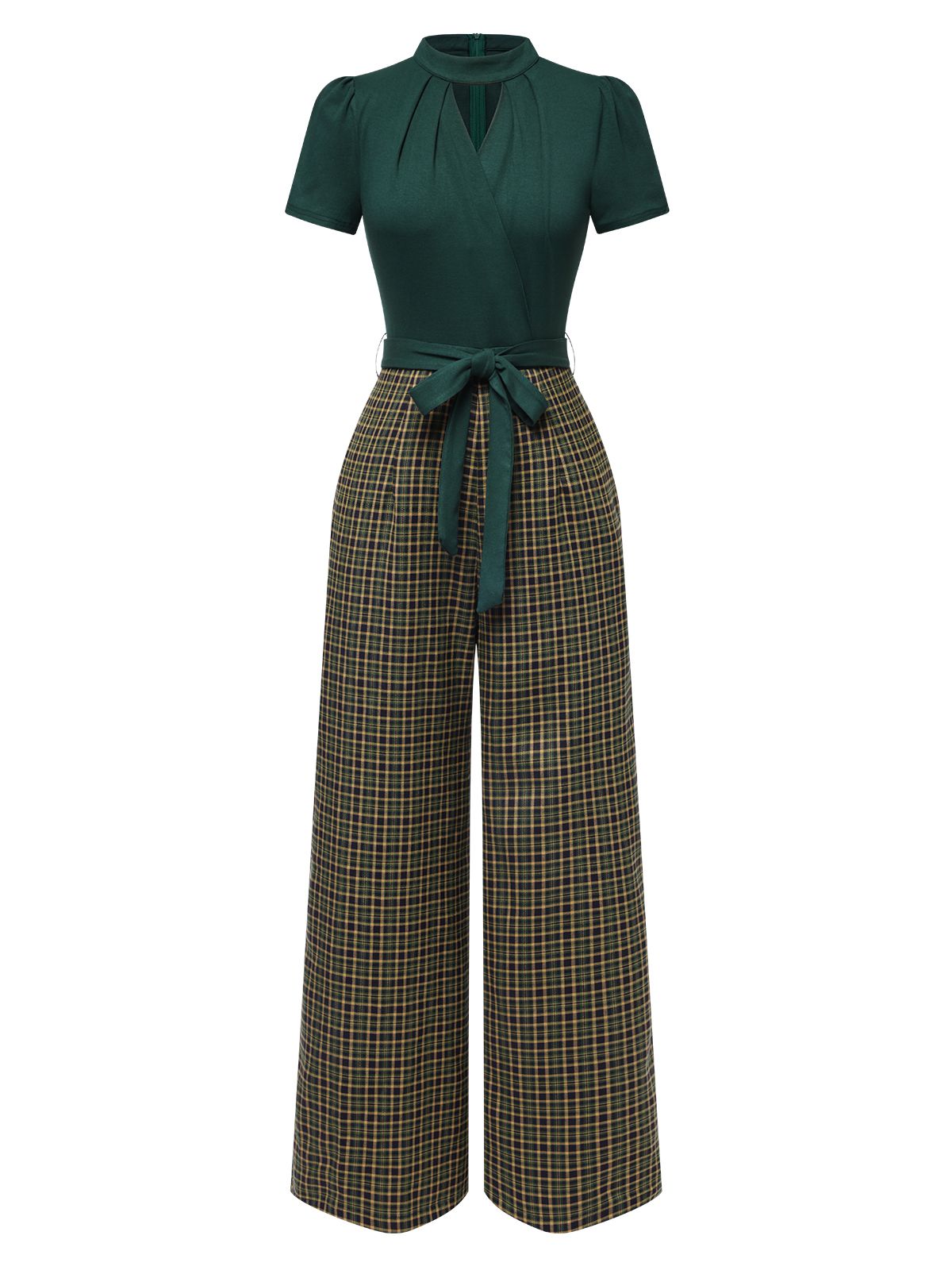 Green belted plaid wide-leg jumpsuit with short sleeves and keyhole neckline