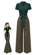 Green belted plaid wide-leg jumpsuit with tied waist bow and keyhole neckline